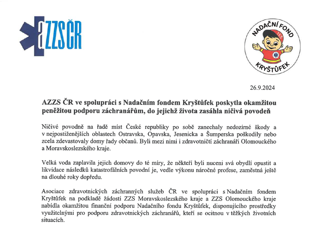 AZZS ČR ve spolupráci s Nadačním fondem Kryštůfek poskytla okamžitou peněžitou podporu záchranářům, do jejichž života zasáhla ničivá povodeň